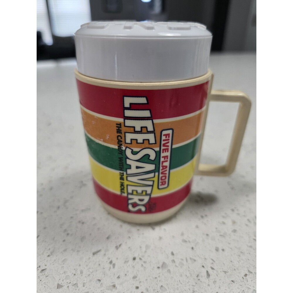 Vintage Life Saver Plastic Deka Mug features retro rainbow colors with White Lid